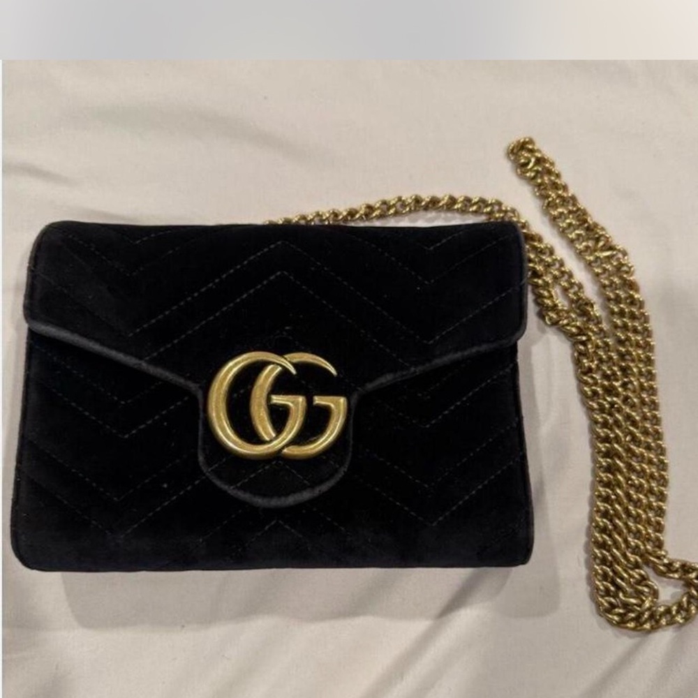 Gucci Black Velvet Crossbody Bag with Gold Chain